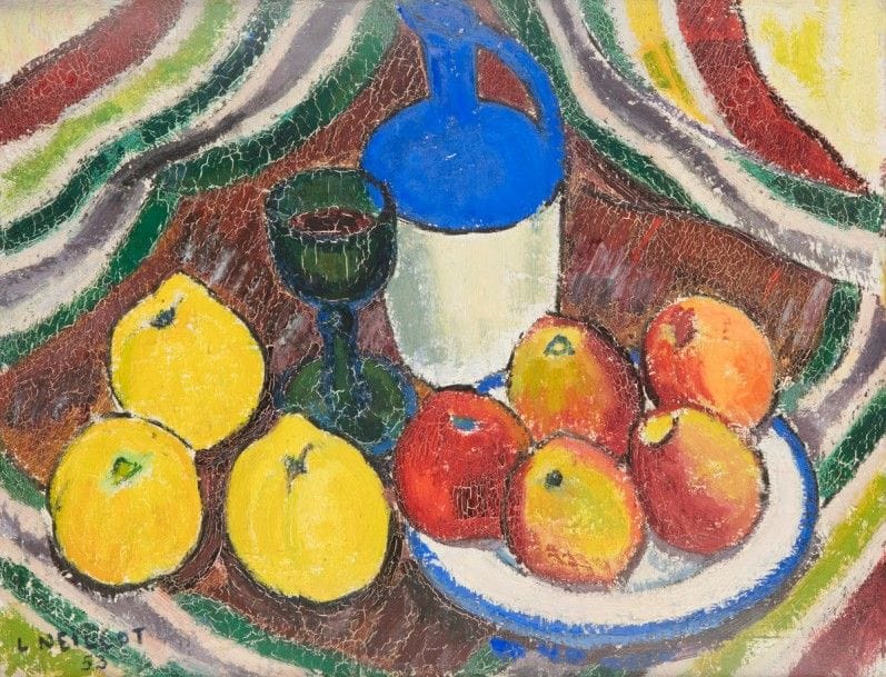 Louis NEILLOT (1898-1973)
Pommes et verre vert, 1953
Huile sur toile.
Signée et datée en bas à gauche.
33 x 41 cm
Bibliographie : 
- Collette Manigand-Neillot et Juliette Constantin-Neillot, Louis Neillot Catalogue Raisonné, 1997, numéro 762 reproduit page 116. 
- René Barjavel, Neillot, éditions Linéal, Paris, 1975, reproduit page 81.
