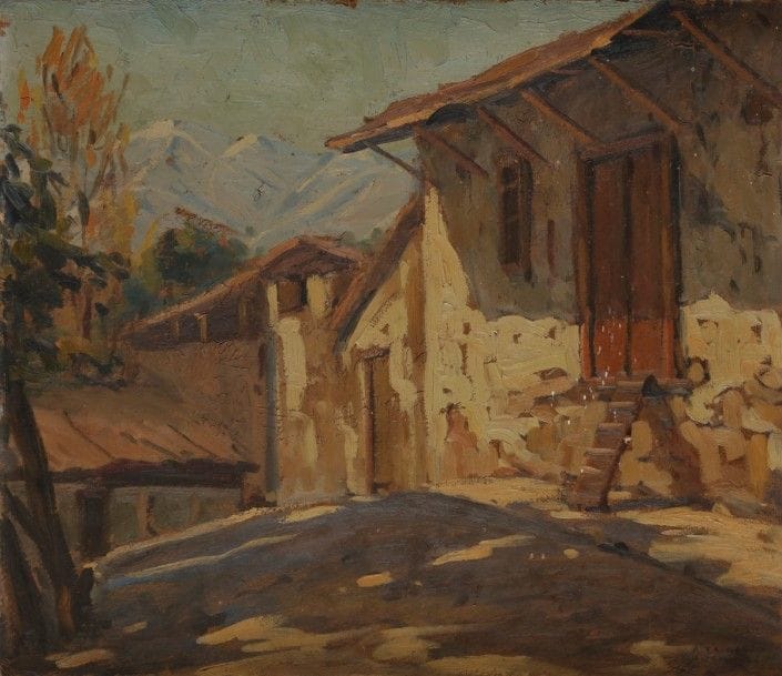 Arturo PACHECO ALTAMIRANO 
(1903-1978)
Chili, rue de village, 1932
Huile sur carton
Signée en bas à droite.
Signée, datée et située Santiago (Chile) au dos.
50 x 58 cm