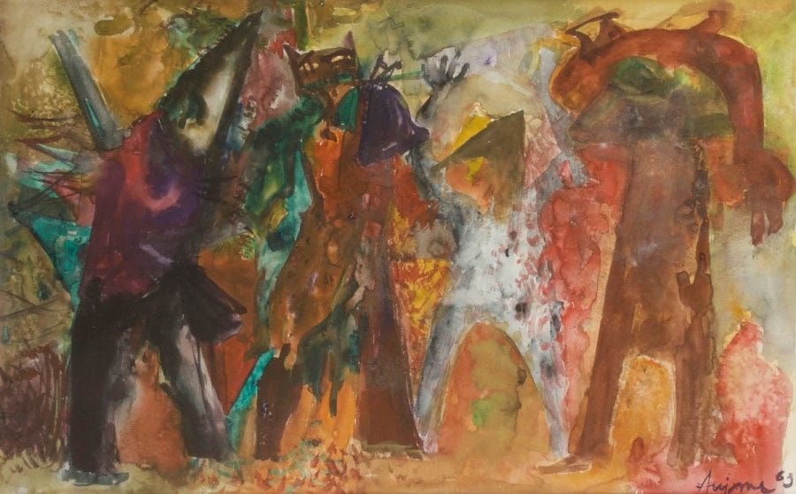 Jean AUJAME (1905-1965)
Retour de la classe orange, 1963
Aquarelle.
Signée et datée en bas à droite.
39 x 60 cm
Provenance : 
Galerie Percier, Paris.