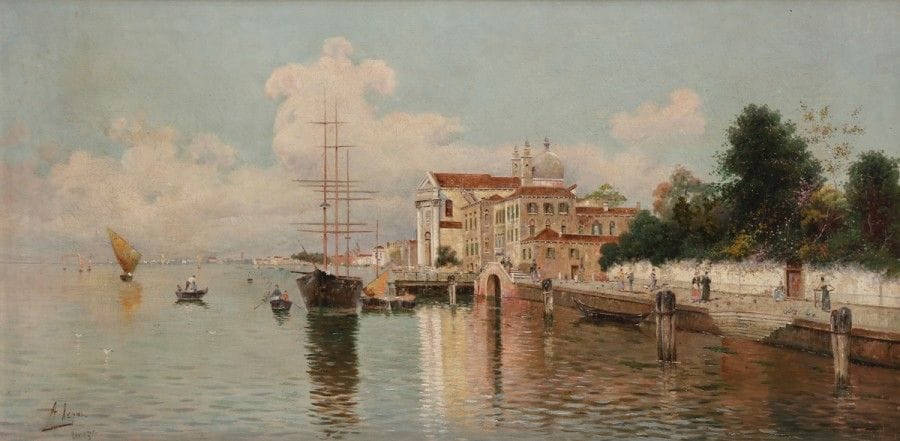 Antonio REYNA MANESCAU (1859-1937)
Venise, Palais sur le lagon
Huile sur toile.
Signée et située « Venezia » en bas à gauche.
38 x 77 cm