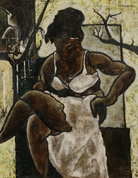 Jean-Pierre ROUSSEAU (né en 1939)
Femme s’habillant, 1958
Huile sur toile.
Signée en haut à droite. 
Datée dans la composition.
81 x 65 cm