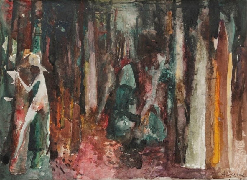 Jean AUJAME (1905-1965)
Personnages dans les bois, 1962
Aquarelle.
Signée et datée en bas à droite.
38 x 51 cm