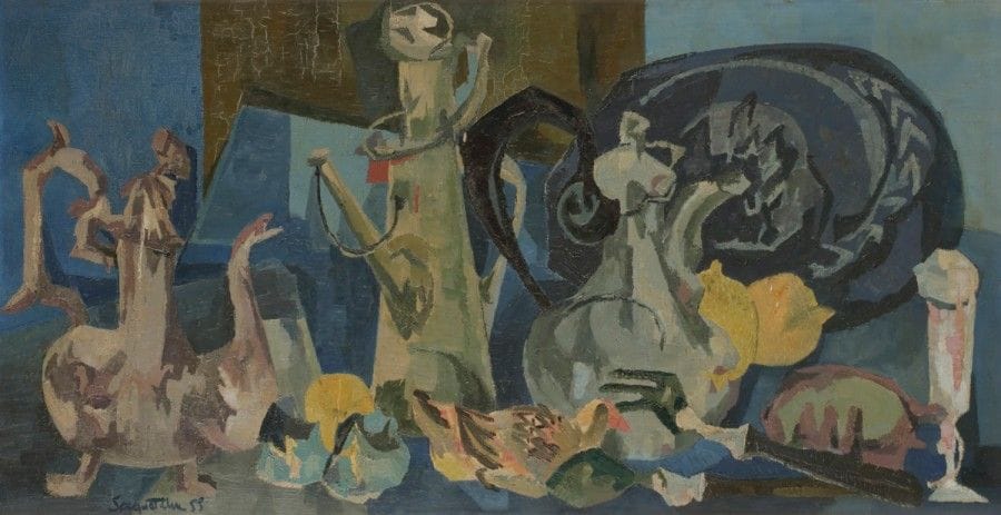 Jeanne SOCQUET (née en 1928)
Nature morte, 1955
Huile sur toile.
Signée et datée en bas à gauche.
60 x 120 cm