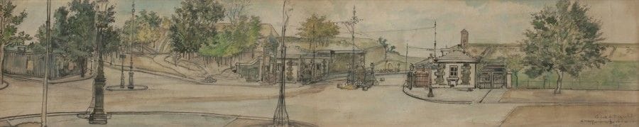 Georges TIRET-BOGNET (1855-1935)
La Porte de Bagnolet, 1915
Dessin à l’encre et aquarelle.
Signé, daté et situé en bas à droite.
19 x 92 cm