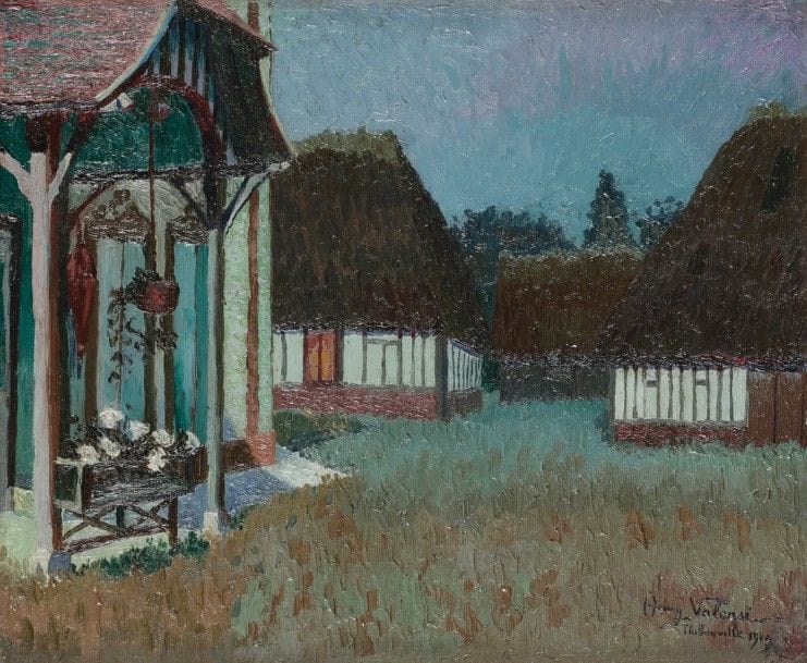 Henry VALENSI (1883-1960)
Maisons à Thibouville, 1917
Huile sur toile.
Signée, datée et située en bas à droite.
38 x 46 cm