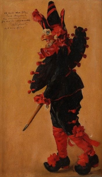 Eliseo VISCONTI (1867-1944)
Polichinelle, 1930
Huile sur panneau.
Signée, datée et dédicacée en haut à gauche.
55 x 33 cm