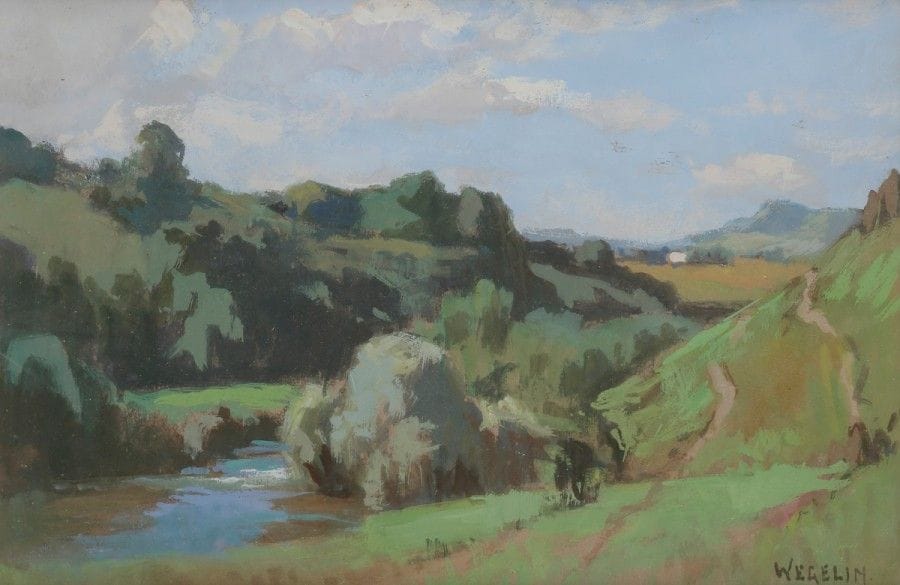 Émile WEGELIN (1875-1962)
Le Herisson, Jura, 1945
Gouache.
Signée en bas à droite.
Porte le cachet de l’atelier au dos.
20.5 x 31 cm