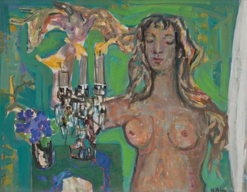 Yvette ALDE (1911-1967)
Femme et chandelier
Gouache.
Signée en bas à droite.
49 x 63 cm