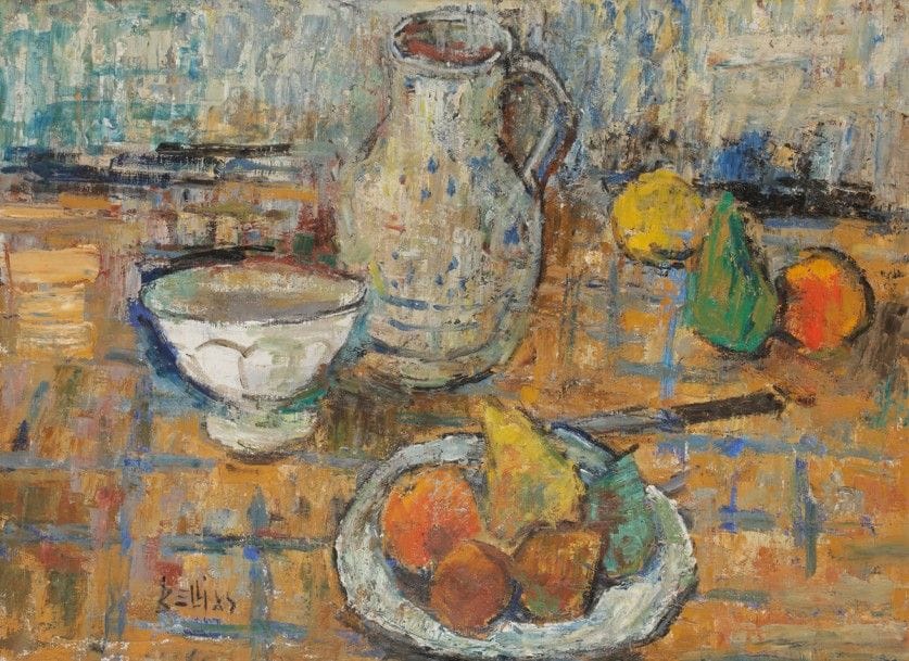 Richard BELLIAS (1921-1974)
Nature au bol blanc, 1960
Huile sur toile.
Signée en bas à gauche.
Signée, datée et titrée au dos.
60 x 81 cm
Exposition : 
Bellias, Galerie Bellier, Paris (étiquette au dos).