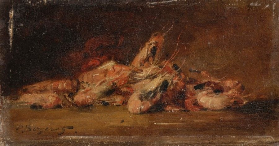 Denis-Pierre BERGERET (1846-1910)
Crevettes
Huile sur carton.
Signée en bas à gauche.
(Usures).
12 x 23 cm
Exposition : 
Société des Amis des Arts, 35e Exposition Versaillaise, 1888 (étiquette au dos).