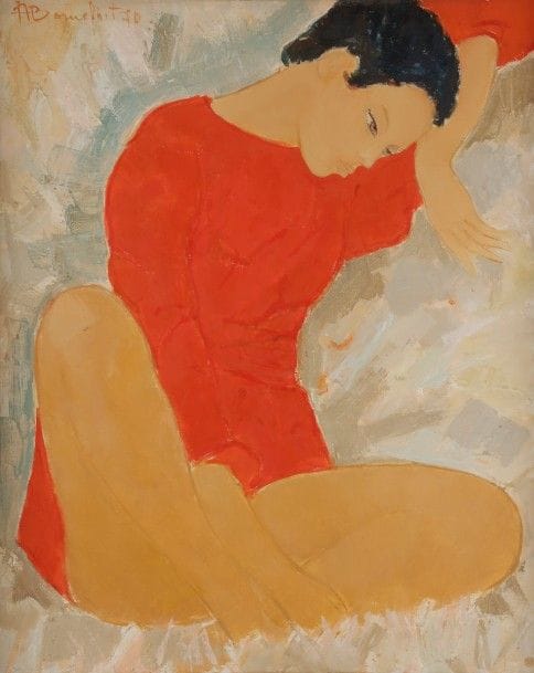 Alain BONNEFOIT (né en 1937)
Femme assise, 1970
Huile sur toile.
Signée et datée en haut à gauche.
81 x 65 cm