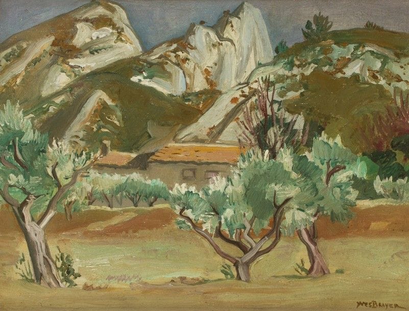 Yves BRAYER (1907-1990)
Paysage des Alpilles, 1946
Huile sur toile.
Signée en bas à droite.
27 x 35 cm
Bibliographie : 
Lydia Harambourg, Hermione Brayer, Olivier Brayer, Corinne Brayer, Catalogue Raisonné Yves Brayer, Volume 2, Éditions de la Bibliothèque des Arts, Lausanne, 2008, n°4379.
Yves Brayer arrive en Provence en 1945 et cette toile fait partie des toutes premières œuvres réalisées à Saint-Rémy.