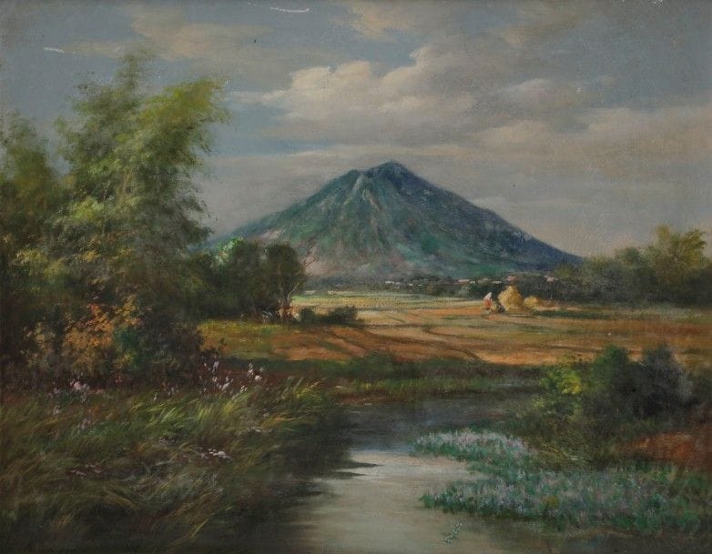 César BUENAVENTURA Y ESPINOSA 
(1919-1983)
Philippines, paysage volcanique, 1954
Huile sur toile.
Signée et datée en bas à gauche.
(Craquelures et frottements).
56 x 71 cm