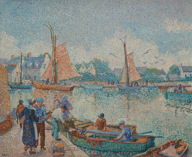 Yvonne CANU (1921-2007)
Port breton
Huile sur toile.
Signée en bas à droite.
Signée, titrée et numérotée 364.
50 x 61 cm