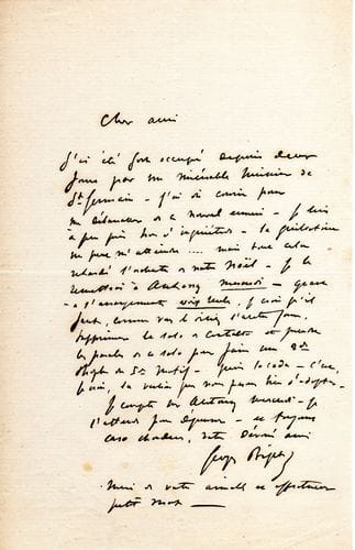 Georges Bizet (1838-1875). L.A.S., [1866, à son éditeur Antoine de Choudens] ; 1 page in-8.
   « J’ai été fort occupé depuis deux jours par un misérable huissier de St Germain. J’ai dû courir pour me débarrasser de ce nouvel ennui. Je suis à peu près hors d’inquiétude – la guillotine ne peut m’atteindre... Mais tout cela [a] retardé l’orchestre de notre Noël ». Il le remettra à Antony mercredi. Pour l’arrangement voix seule, il faut « supprimer le solo du contralto et prendre les paroles de ce solo pour faire une 2de strophe »...

