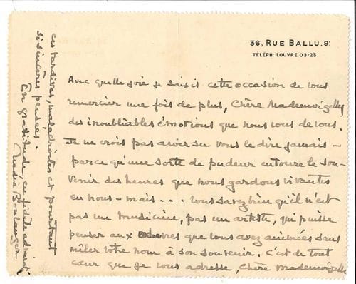 Nadia BOULANGER (1887-1979). L.A.S., Paris 21 avril 1926, à Lucienne Bréval « de l’Opéra » ; 1 page oblong in-12 à son adresse 36, rue Ballu, adresse au verso.
   Elle complimente la soprano et la remercie « des inoubliables émotions que nous vous devons. [...] Vous savez bien qu’il n’est pas un musicien, pas un artiste, qui puisse penser aux œuvres que vous avez animées sans mêler votre nom à son souvenir »...
