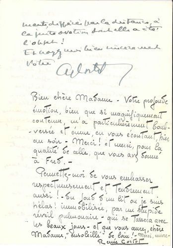 Alfred CORTOT (1877-1962) pianiste. L.A.S., Lausanne 13 février 1959, à Marguerite Long ; 2 pages in-8 à son en-tête.
   Sa femme et lui l’ont entendue à la radio jouer « cette Ballade [de Fauré] qui évoque pour vous, comme pour moi, tant de souvenirs d’un passé toujours présent », et il la félicite pour l’interprétation de ce « poétique chef-d’œuvre qui renaissait sous vos doigts et au travers de leurs sensibles intonations, dans toute la fraîcheur de son intention première »… Puis Renée Cortot prend la plume à son tour…
