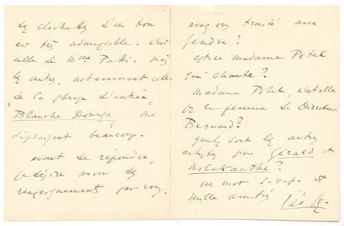 Léo DELIBES (1836-1891). L.A.S. « Léo D. », Lundi matin ; 3 pages in-12. 
   Reprise de Lakmé à Genève. Il a reçu une lettre du chef d’orchestre du Théâtre de Genève Francis Bergalonne, « qui me dit que l’on remonte Lakmé et qui me soumet une liste de transpositions que je trouve déplorables, pour le rôle de Lakmé. Celle qui baisse l’air des clochettes d’un ton est très admissible. C’est celle de Mme Patti. Mais les autres, notamment celle de la phrase d’entrée “Blanche Dourga” me déplaisent beaucoup ». Il désire savoir si c’est Mme Potel qui chante Lakmé, et quels sont les autres interprètes pour les rôles de Gérald et Nilakantha ?...
