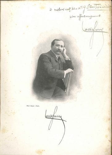 Louis GANNE (1862-1923). Hans le joueur de flûte (Milan, Ricordi, 1911) ; petit in-4, reliure d’éditeur, couv. illustrée, dos toilé (petits accidents sur la couv.).
   Partition chant-piano (cotage 111400), avec envoi a.s. de Louis Ganne sur son portrait : « à mes bons amis M. et Mme G. St Rene Taillandier bien affectueusement Louis Ganne ».
