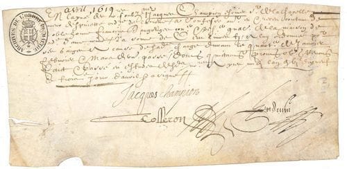MUSIQUE BAROQUE. 3 P.S., 1619-1683 ; vélins oblong in-8 et in-fol.
   Jacques Champion, « escuier Sr de la Chapelle joueur d’espinette ordinaire de la cour » : reçu des gages de sa charge (1619). Guillaume Leblouey, « Chantre de la Chappelle de Sa Majesté » : reçu d’un don de 300 livres de Sa Majesté en considération de son service (1623). Louis XIV (secrétaire) et Colbert : brevet de don de l’abbaye commendataire de Saint-Euroul au Prince Guillaume Egon de Furstemberg, évêque de Strasbourg, à charge de payer 1200 livres par an à Henry Dumont, « Maistre de la musique de la chapelle de Sa Majesté », et d’autres sommes à des clercs. Ancienne collection Henry Prunières.
