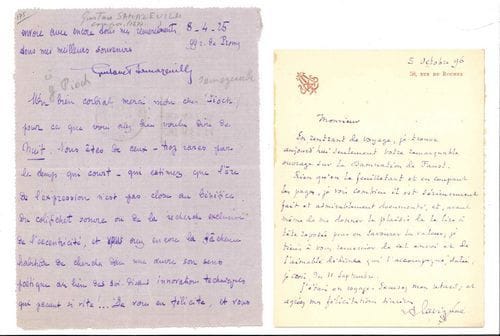 Musique. 7 L.A.S. de musicologues et critiques.
   José Bruyr (à Jean Farger, renseignements sur Massenet, 1948), Jules Combarieu (intéressante lettre se défendant contre Saint-Saëns, 1896), Albert Lavignac (félicitations à J.-G. Prodhomme pour son livre sur La Damnation de Faust, 1896), Gérard Michel (au sujet d’un article sur Daniel-Lesur), Marc Pincherle (à Jean Farger, à propos de sa collection d’autographes, 1944), Gustave Samazeuilh (à G. Pioch, 1925), Émile Vuillermoz (à propos d’un article sur des instruments anciens et nouveaux, 1921).
