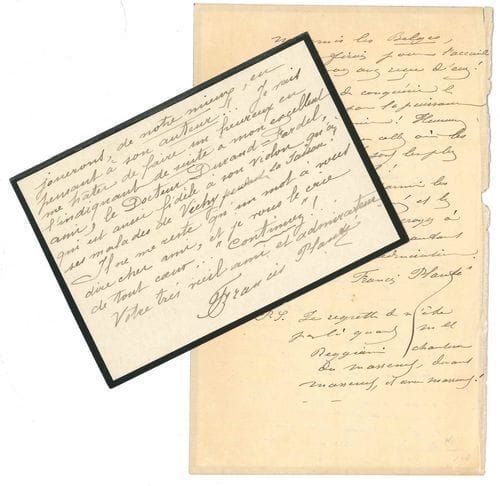 Francis PLANTÉ (1839-1934) pianiste. 2 L.A.S., 1883-1927 ; 2 pages in-8 et 2 pages obl. in-12 (petit deuil).
   Mont-de-Marsan 12 février 1883, à un « grand maître et ancien condisciple », recommandant Mlle Reggiani : « sa valeur d’artiste est sympathique, fine, vibrante et distinguée »... Il se félicite de l’accueil que le maître a reçu chez les Belges : « Continuez de conquérir le monde par la puissance de l’harmonie ! Heureuse conquête que celle où les plus subjugués sont les plus reconnaissants ! »... Saint-Avit 14 décembre 1927, à un « cher et éminent ami ». Il a reçu avec joie sa nouvelle sonate pour piano et violon, et sans attendre le retour de sa brillante filleule artistique, Noëla Cousin, il l’a mise sur son pupitre : « je viens de passer un bien bon moment en faisant cette nouvelle connaissance, d’un charme tout particulier, & d’une grande élégance et nouveauté de formes. À sa première visite, nous la jouerons, de notre mieux, en pensant à son auteur ! »...
   On joint une L.A.S. de Jean Hubeau, et 2 cartes ou cartes postales a.s. d’Alice Sauvrezis.
