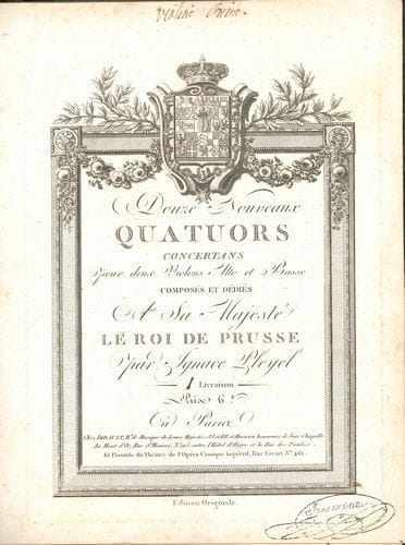 Ignace PLEYEL (1757-1831). Douze Nouveaux Quatuors concertans pour deux Violons, Alto et Basse, composés et dédiés à Sa Majesté le Roi de Prusse, [4 livraisons] (Paris, chez Imbault, Au Mont d’Or, et Péristile du Théâtre de l’Opéra Comique Impérial) ; 4 volumes in-fol., demi-reliures anciennes (usagées, 3 dos manquants).
   Musique gravée, « Édition originale », en 4 livraisons (cotages 67, 70, 71 et 73), cachet de Janet & Cotelle, reliées en 4 parties : Violino primo, Violino 2°, Alto, Basso. À la suite de chaque partie, on a relié deux ensembles de quatuors de Pleyel : Six Quatuors pour deux Violons, Alto et Violoncelle, Œuvre I (Paris, chez Ignace Pleyel et Fils aîné, 66-287, avec cachet Ignace Pleyel) ; Trois Quatuors d’Ignace Pleyel, arrangés pour Clarinette, Violon, Alto et Basse, par Mr Devienne (Paris, chez Boyer et Mme Le Menu, Bordeaux, chez Philip, écrit par Ribière, cachet Ve Naderman) [la partie de clarinette est dans le 1er vol., celle du violon dans le 2e). Les volumes portent l’étiquette de Caillaud, relieur, marchand papetier à La Rochelle.
   On joint 3 volumes (manque le vol. des parties d’alto) de Quatuors de Mozart, publiés chez Ice Pleyel & Fils aîné (cachets Ignace Pleyel) : Trois Quatuors concertants… dédiés à Monsieur J. Haydn, Œuvre Xe (cot. 354 et 355) ; Trois Quatuors…, Œuvre 18me (cot. 481) ; Quatuor…, Œuvre 35 et Œuvre 36 (cot. 545 et 544) ; rel. anciennes demi-veau rouge avec étiquette-titre en maroquin vert sur les plats.
