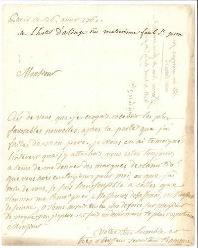 Jean-François RAMEAU (1716-1767) « le Neveu de Rameau » ; organiste, claveciniste et compositeur, neveu du grand Rameau, il fut immortalisé par Diderot. L.A.S., Paris 26 août 1761 ; 1 page in-4 (un bord un peu jauni).
   Très rare lettre, relative au décès de son père Claude. « C’est de vous que je croyois recevoir les plus favorables nouvelles, après la perte que j’ai faites de mon pere, je vous en ai temoigné l’interest que j’y attachois, vous estes toujours a tems de me donner des marques de l’amitié que vous avés eu toujours pour moi, ou que j’ai reçu de vous ; je suis bien sensible à celles que viennent me temoigner, Messieurs de Sassenai, et Monsieur de Seinne, o Tems aurois-tu eu plus de force sur Monsieur de Pregné ; non j’espere »...

