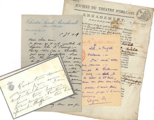 Théâtre. 12 lettres, manuscrits ou pièces, XVIIIe-XXe siècle.
   L.A.S. de Sarah Bernhardt, Maurice Bernhardt, Lugné-Poe. Contrat d’engagement du citoyen Desjardins au théâtre d’Orléans (1799). 3 brochures ayant servi à Bouffé et annotées par lui. Manuscrit de Propre à rien. Candidat modèle, scène comique. Etc.
