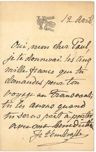 Pauline VIARDOT (1821-1910) cantatrice. L.A., 12 avril [1901 ?], à son fils Paul Viardot ; 1 page in-8 à vignette Vendredi. 
   « Oui, mon cher Paul, je te donnerai les cinq mille francs que tu demandes pour ton voyage au Transvaal ; tu les auras quand tu seras prêt à partir, avec ma bénédiction »... 
   On joint 3 petites L.A.S., dont une à Edmond Plauchut (27 janvier 1872).
