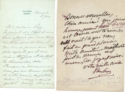 Pauline VIARDOT. 9 L.A.S., 1888-1909 et s.d., à Mme Félix Lévy ; 11 pages in-8 ou in-12, une à son chiffre, 4 adresses (cachets de la collection Le Cesne-Viardot).
   Bougival 18 juin [1882 ?]. Elle informe son amie qu’elle est installée « pour de bon » aux Frênes, et l’invite à lui rendre visite : « Pourquoi ne recommenceriez-vous pas vos bonnes habitudes des autres années aujourd’hui même ?! Comme ce serait gentil »... Paris 25 janvier 1890. Acceptation d’une invitation, « avec le plus grand plaisir »... 12 juillet 1892. « Voici le moment de prouver son amitié ! On chante dimanche au concert Colonne mon Rêve de Jésus... et je compte sur la présence de mes bienveillants amis, n’est-ce pas ? »... 12 juillet [1898]. Elle souffre d’une conjonctivite qui l’oblige à se rendre tous les jours chez l’oculiste... 15 juillet. « Alea jacta est ! C’est Friedau que l’on porte et je m’empresse de vous annoncer cette détermination toute fraîche. Mathilde avait écrit à Mme Christen lui demandant s’il n’y aurait plus trace d’épidémie, si la maison avait été désinfectée [...]. La réponse a été satisfaisante de tous points et Mme Christen est dans le délire de joie à l’idée de nous revoir »... Bürgenstock 11 septembre 1899. Elle n’a pu malheureusement retourner à Fridau, ayant entendu qu’une épidémie d’angine y sévissait. Elle partira dans quelques jours à Lucerne... Lundi 13. « Nous commençons ce soir pour le quatuor de l’Irato à 10 heures 10 minutes précises »... [10 août 1909]. Annonce de la naissance d’un petit-fils : « Un jeune homme, pesant huit livres est venu voir ce monde cette nuit ! Ce qui nous fait un grand plaisir »... Etc.
