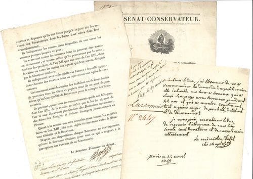 Jean-Antoine CHAPTAL (1756-1832) chimiste et homme d’État. L.A.S. comme ministre d’État, Paris 24 avril 1815, à un duc ; demi-page in-4.
   Recommandation d’une pétition de Larsonnier pour l’ordre de la Réunion : « Elle interesse un brave homme qui a servi son pays avec honneur pendant 42 ans et qui a montré constament tout ce qu’on exige de probité, de talent et de dévouement »... On joint une L.S. et une P.S. comme Sénateur Trésorier du Sénat, 19 frimaire et 8 nivose XIII (10-29 décembre 1804, impr. à en-têtes et vignettes Sénat-Conservateur).
