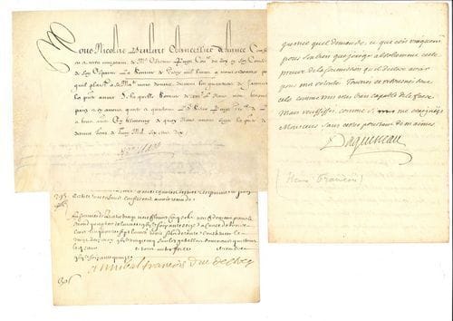 Ancien Régime. 11 L.S. ou P.S. et 3 L.A.S., XVIe-XVIIIe siècles.
   Henri-François d’Aguesseau, Nicolas Brulart (1610), Charles-Alexandre de Calonne (Metz 1773, en partie a.s. au marquis de Monteynard), Nicolas Du Pré de Saint-Maur (1790, à Fleurieu, l.a.s. avec bord rogné), Annibal-François d’Estrées (1675), Jean-François Joly de Fleury (3, 1750-1759), César-Guillaume de La Luzerne (2, dont une l.a.s., à Moreau de Saint-Méry, 1788-1789), Guillaume de Lamoignon (1762, approbation d’un nouveau règlement des Jeux-floraux), Jean-Charles-Pierre Lenoir (2, 1768). François Olivier (1559). On joint un fac-similé de Saint François de Sales.
