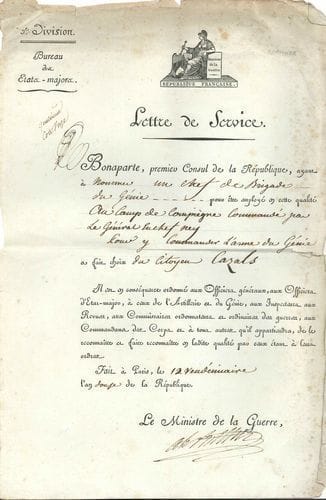 [Louis-Joseph CAZALS (1774-1813) général du génie]. 4 L.S. ou P.S. à lui adressées ou le concernant, 1794-1808, et 3 manuscrits provenant de ses archives ; 4 pages et demie in-fol. ou in-4 (2 vignettes), et 3 cahiers in-fol. de 20-11-19 pages.
   Jean-François-Aimé Dejean, général de brigade commandant le génie à l’Armée du Nord (copie conforme de « Renseignemens » sur Cazals, lieutenant dans cette arme, Bois-le-Duc 1794). Alexandre Berthier, ministre de la Guerre (lettre de service pour l’emploi de Cazals comme chef de brigade du génie au camp de Compiègne commandé par le général en chef Ney, 1803). John Acton, capitaine général de l’armée et de la marine royale, conseiller d’État du roi de Naples (laissez-passer avec sa griffe pour Cazals, chef de brigade du génie, allant à Rome, 1802). Auguste Belliard, chef d’état-major général (autorisation du Roi d’Espagne au général Cazals, « blessé grièvement à la jambe sous les murs de Valence », de se rendre à Barège, Madrid 1808).
   Mémoires de construction avec renvois à des planches, ayant appartenu à celui qui fut directeur des fortifications à Perpignan (1801), et des travaux de fortification à Modlin (1806) : De la charpenterie ; Des pavillons portant leurs ceintres ; Pavillon à simple lattis.
