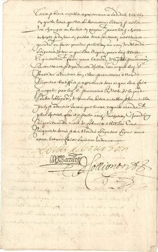 Louis II de Bourbon, prince de CONDÉ (1621-1686) « le Grand Condé », le fameux guerrier. P.S. « Louis de Bourbon », Sathenay [Stenay] 5 février 1653 ; 2 pages in-4.
   Procuration établie devant les notaires et garde-notes du tabellionage de Sathenay [Stenay], par « Tres hault Tres Excellent & puissant Prince Monseigneur Louis de Bourbon prince de Condé premier Prince du sang premier pere & Grand Maistre de France », gouverneur et lieutenant général du Roi en Guyenne, étant alors en la citadelle de Sathenay, en faveur de Messire Lenet, conseiller ordinaire du Roi en son Conseil d’état, pour « traiter en son nom de ses biens heritages terres places & gouvernemens quil advisera & autres biens »...
   On joint une L.A.S. d’Adolphe de Lanneau fils à Alfred-Auguste Cuvillier-Fleury, Bard 15 septembre 1825 (à en-tête de Sainte-Barbe).
