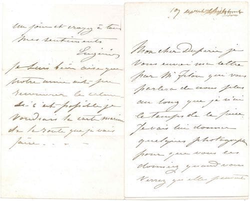 EUGÉNIE (1826-1920) Impératrice, femme de Napoléon III. L.A.S., Chislehurst 17 août [1871], au vice-amiral Victor-Auguste Duperré ; 8 pages in-8.
   Très belle et émouvante lettre du début de son exil anglais. Elle va lui faire passer par Filon quelques photographies « pour que vous les donniez quand vous verrez qu’elles peuvent faire plaisir ». Elle compte quitter l’Angleterre le 9 septembre, et il faudra lui écrire au nom de Doña Maria Juana Flower à Madrid, mais l’adresse étant celle de sa mère, « il faut être très circonspect à cause de la poste française »... Elle évoque « le mariage de d’Espeuilles » [Antonin d’Espeuilles avec Caroline Maret de Bassano, le 7 septembre 1871] qui « va vous réunir tous à Paris, il y a des vies qui commencent, et d’autres qui finissent ou qui se trainent. Tout marche comme par le passé, mais que de naufrages douloureux, que de vides que rien ne comble... Mais enfin je suis heureuse quand je sais que ceux qui ont vécu si longtemps de notre vie ont un souvenir pour nous aujourd’hui. Tous ceux qui viennent de France nous disent que la vérité fait son chemin doucement mais sûrement. On prétend que l’enquête sera sérieuse et on espère qu’elle sera dans son entier connue du public »... Filon lui parlera des vases et objets qui lui appartiennent, et qui sont chez Duperré. Puis, à propos de son voyage, elle demande « par quel degré se trouve Cherbourg, Brest et Biarritz, afin de suivre un peu ma route, et faire que ma pensée traverse l’espace pour vous porter à tous un souvenir ». Elle prie aussi de lui envoyer un annuaire de la Marine « et un de ces cahiers où se trouvaient tous les noms des batiments de la flotte c’est un souvenir que je veux garder – vous savez sans doute que tous mes livres sont brûlés. Si on vend ceux de L’Aigle [le yacht impérial, sur lequel elle avait inauguré le Canal de Suez] je voudrais les racheter mais si on n’en parle pas il vaut mieux n’en rien dire pour que l’idée ne leur vienne pas de détruire le bateau