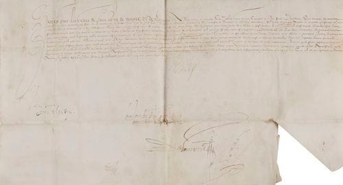 HENRI IV. P.S., Bray sur Seine 27 avril 1590 ; contresignée par son conseiller secrétaire des Finances Henri-Auguste de Loménie, et visée par Philippe Duplessis-Mornay ; vélin oblong in-fol.
   Mandement aux gens de ses comptes à Pau en faveur de son conseiller, trésorier et receveur général de sa maison de Navarre et ancien domaine Marc Duperray, qui a payé et acquitté sur ses deniers en 1587 et 1588 « plusieurs nostres mandemans et ordonnances a luy addressans sans estre scellez, ainsi quil est requis et accoustumé faire selon les reglemens par nous faicts sur l’ordre et distribution de nos finances, à cause de quoy il doubte que les sommes de deniers par luy paiees et fournies en vertu d’iceulx ne luy soient allouees en la despence de ses comptes s’il ne luy est par nous sur et pourveu » ; le Roi en ordonne le remboursement...
