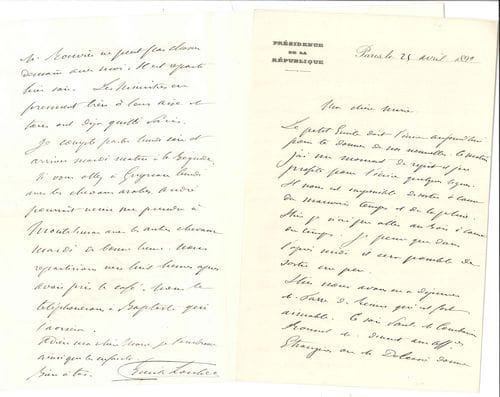 Émile LOUBET. 2 L.A.S., Paris 1899-1903, à sa femme, Marie Loubet ; 4 pages et demie in-8 à en-tête Présidence de la République.
   25 avril 1899. « Hier nous avons eu à déjeuner M. Favre de Reims qui est fort aimable. Ce soir Paul de Combarieu Roussel etc. dînent aux Affres Étrangères où M. Delcassé donne un grand dîner en l’honneur du Maire de St Petersbourg »... Il visitera les deux Salons samedi. Il attend le faire-part pour savoir le jour des funérailles de Mme Perret. « Le pauvre père Schneider est mort et la misère doit être grande pour les enfants. Je ferai le possible pour qu’on leur donne un bureau de tabac dont ils ont besoin »... 5 septembre 1903. Il se plaint de la forte chaleur. « J’ai du monde pendant toute la journée, ce qui est bien pénible. J’ai eu hier une longue visite du roi des Belges. Elle a duré […] tout juste deux heures. M. Rouvier ne peut pas chasser demain avec moi. Il est reparti hier soir. Les ministres en prennent bien à leur aise et tous ont déjà quitté Paris ». Il partira lundi pour la Bégude…
