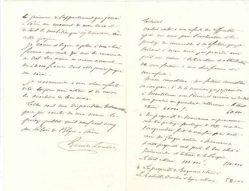 Émile LOUBET. P.A.S., Palais de l’Élysée à Paris, 15 juillet 1905 ; 4 pages in-8.
   Testament. « Voulant éviter à mes enfants des difficultés après ma mort pour l’évaluation et le partage des immeubles et de la fortune que je laisserai à mon décès, j’ai procédé ainsi qu’il va suivre à l’estimation et attribution de ma fortune à ma chère femme et à nos enfants »... Suit l’énumération et estimation de ses biens immobiliers : maison à Montélimar ; propriété de Marsanne avec son bois et la terre de la Loupie ; propriété de Bayanne à La Rochette, Ourches et Upie ; propriété de La Bégude de Mazenc ; le tout s’élevant à 400.000 francs. Il en fait la répartition entre ses enfants Paul, Marguerite et Émile, avec des dispositions de jouissance et des provisions viagères en faveur de sa « chère femme Marie Picard ». En outre, il lègue à celle-ci « une rente qui avec les revenus de sa dot lui assure un revenu annuel de 40.000 francs [...]. Je recommande à nos chers enfants d’être toujours unis entr’eux et de suivre les directions de leur mère »...
