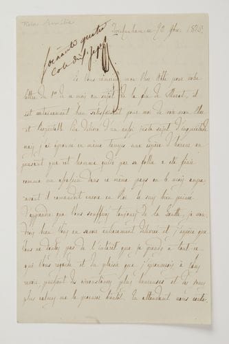 MARIE-AMÉLIE (1782-1866) Reine des Français, épouse de Louis-Philippe. L.A.S. (paraphe), Twickenham 20 novembre 1815, [à l’abbé Louis-Étienne de Saint-Farre] ; 1 page et demie in-8 (cote d’inventaire).
   Sur la mort de Murat, l’ex-Roi de Naples (fusillé le 13 octobre 1815 à Pizzo en Calabre).
   Elle remercie l’abbé de sa lettre au sujet de la fin de Murat : « il est certainement bien satisfaisant pour moi de voir mon cher et respectable Père délivré d’un aussi juste sujet d’inquiétude mais j’ai éprouvé en même temps une espèce d’horreur en pensant que cet homme guidé par sa follie a été finir comme un assassin dans ce même pays où 6 mois auparavant il comandoit encore en Roi ». Elle souhaite que l’abbé soit délivré de la goutte qui le fait souffrir. Elle espère pouvoir le revoir bientôt. « En attendant nous continuons à vivre tranquilles et retirés dans cette paisible campagne, nos santés y sont très bonnes bien que le froid comence à se faire sentir, et mes enfans surtout se sont bien fortifiés »…

