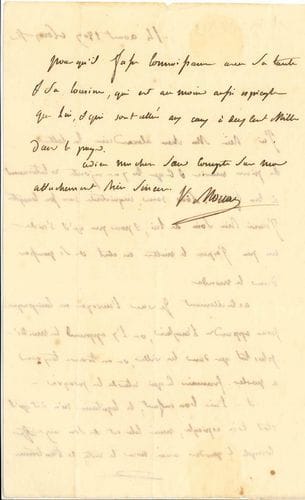 Jean-Victor MOREAU. L.A.S., New York 14 août 1809, à sa sœur Mlle Alexandrine Moreau à Morlaix (Finistère) ; 1 page et demie in-8, adresse.
   Lettre familiale de son exil américain. Il a reçu la lettre de Pierre Marie « & ce que tu y as ajouté relativement à ton filleul. Sois sans inquiétude sur son compte. J’aurai bien soin de lui, & pour peu qu’il s’aide un peu j’espère le mettre en état de se pousser dans le monde. Actuellement je vais l’envoyer en campagne pour apprendre l’anglais, on l’y apprend la moitié plus tôt que dans les villes, où on trouve toujours à parler français ce qui retarde les progrès. Il a l’air bon enfant ; le Capitaine m’a dit qu’il étoit très espiègle ; mais cela est de son age »…
