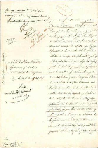 NAPOLÉON Ier (1769-1821). P.S. « NP », Rambouillet 19 mai 1811, en marge d’une L.S. du Prince Camille Borghese ; 2 pages in-fol.
   Proposition du Gouverneur général des Départements Transalpins. « La première formation de ma garde d’honneur à Turin s’est faite avec cet élan qui caracterise les jeunes gens, surtout ceux des pays où l’on est généralement disposé au métier des armes ; mais ces heureuses dispositions ont ensuite été affoiblies par l’assujetissement et la sevérité de la discipline militaire »… Des places sont restées vacantes. Le Prince propose que Sa Majesté accorde quelques places de sous-lieutenant aux jeunes gens les plus distingués, et recommande « qu’aucun jeune homme, réunissant d’ailleurs toutes les qualités voulues pour etre admis dans la garde d’honneur, ne put être placée dans la ligne et dans le grade d’officier sans avoir passé par ce corps, à moins qu’il ne sortit d’une école imperiale militaire »…
   Napoléon fait renvoyer cette proposition au Ministre de la Guerre, avec l’indication : « Cette precaution me parait bonne »…
   Vente Piasa, 21 novembre 2007 (n° 661).
