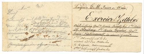 NAPOLÉON II (1811-1832) François, duc de REICHSTADT, l’Aiglon, fils de Napoléon Ier. Manuscrit autographe (fragment) ; 4 pages oblong in-16 ; en allemand. 
   Rare. En marge de notes calligraphiées concernant des exercices militaires avec les bataillons Bewitzky, Homburg, Gÿulai et Rübendunst : déploiement des troupes, formation des carrés, etc., le duc de Reichstadt a porté des annotations au crayon, très raturées et corrigées.
   On joint un brevet de Légion d’honneur portant la griffe de Napoléon III (1860, mauvais état).
