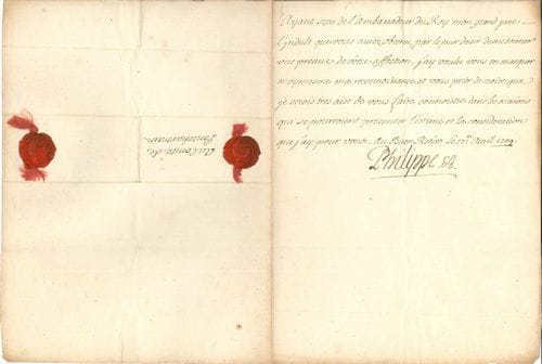 PHILIPPE V (1683-1746) petit-fils de Louis XIV, Roi d’Espagne. L.S., Buen Retiro 17 avril 1709, au comte de Pontchartrain ; demi-page petit in-4, adresse avec beaux cachets de cire rouge aux armes sur lacs de soie rouge.
   « Ayant sçeu de l’ambassadeur du Roy mon grand père l’indult que vous aviez obtenu, par le pur desir de me donner une preuve de vôtre affection, j’ay voulu vous en marquer moymesme ma reconnoissance et vous prier de croire que je serois tres aise de vous faire connoistre dans les occasions qui se pourroient presenter l’estime et la consideration que j’ay pour vous »...
