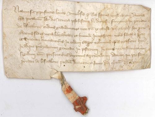 POITIERS. Fort d’Aux († 1357) évêque de Poitiers. Charte manuscrite, Poitiers après la fête de Saint Denis [octobre] 1341 ; vélin oblong in-12, fragment de sceau de cire rouge sur queue ; en latin.
   Concernant sa visite au prieuré du Bois-d’Allonne (actuel département des Deux-Sèvres), à l’invitation des religieux [de l’Ordre de Grandmont].
