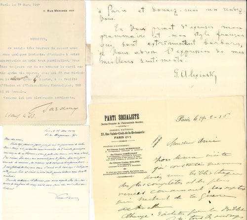 POLITIQUE et DIVERS. Environ 150 lettres ou pièces, la plupart L.A.S. adressées à Maurice ou Pierre G. La Chesnais. 
   Grégoire Alexinsky, Max Braemer (Ligue républicaine d’Alsace-Lorraine, 13), Jacques Bardoux, Victor Basch (6), Paul Bastid, Philippe Berthelot, Paul Boudet, Hubert Bourgin, Théo Bretin, Frédéric Brunet, Raymond Brugère, Sadi Carnot, général Adolphe de Chanal (7), Gustave Cluseret, général Cloix, Delobel (Ligue civique), Louis Dubreuilh, Jean Efremoff (5), Henri Guernut (Ligue française pour la défense des droits de l’homme et du citoyen, 15), Maurice Halbwachs (3), Ardavast Hanemian (3), André Honnorat (4), G. Massé (7), Emmanuel de Martonne, Marius Moutet (6), Auguste Nélaton, Roger Picard, Charles Richet, Léon Rosenthal (14), Frédéric Soehnée (9), etc.
