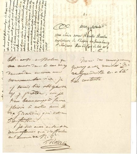 Jeanne-Marie Rendu, dite Sœur ROSALIE (1786-1856) religieuse de la congrégation des Filles de la Charité, au service des pauvres du quartier Mouffetard, béatifiée en 2003. L.A.S., 14 octobre ; et 2 L.A.S. à elle adressées par Pierre-Marin Rouph de Varicourt, évêque d’Orléans, 30 juillet et 22 décembre 1822 ; 2 pages et quart in-8 et 3 pages et quart in-4, adresses.
   Sœur Rosalie espère ne pas lasser la charité de son correspondant, en lui envoyant une lettre de Mme Philippe : « il est agréable de la voir aussi bien ! Je pense qu’il sera agréable à son oncle d’en avoir de ses nouvelles ». Elle demande un nouveau service, « car je tiens beaucoup à faire plaisir à notre ami M. de Girardin, qui est un bienfaiteur »...
   L’évêque d’Orléans conseille à Rosalie de ne pas gâter son œuvre par trop de fatigues et de zèle. Il transmet le devis d’une brodeuse pour une chape et une étole, et l’entretient du prix et de l’étoffe : « si je pouvois avoir cela pour la Toussaint, cela me feroit plaisir »... Il évoque aussi un établissement religieux de l’évêché, auquel il tâche de l’intéresser : « je vais vous faire passer les papiers de nos pauvres malheureux »... – Elle sera toujours sa fille : « c’est le nom que j’aimerais à vous donner dès ce moment [...], que Dieu daigne donc repandre sur la fille de mon choix, des graces et le bonheur, qui la rende heureuse en lui donnant le calme et la paix interieure, en lui faisant multiplier ses bonnes œuvres et ses vertus »... Etc.

