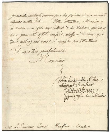 Fredrik Sparre (1731-1803) homme d’État suédois. 3 L.S. avec compliments autographes, Stockholm et Upsala 1793, à Nicolas-Louis-Guillaume Coudre La Coudrais, à Honfleur ; 8 pages et demie in-4.
   Lettres du Grand Chancelier de Suède au consul de Suède à Honfleur. 5 mars 1793. Les vaisseaux marchands suédois font exception à l’embargo français : cette exception « düe au système de neutralité exacte que le Roi a adopté à l’égard des affaires de ce pais & attentivement suivi depuis l’epoque de leur premier embrouillement », doit être respectée des autres Puissances... 10 mai 1793. Défense est faite aux officiers de la marine marchande qui servirent dans la flotte royale pendant la dernière guerre, de porter l’uniforme attaché à leur grade militaire : le Duc Régent a suivi en cela l’exemple donné par « S.M. le Roy son frere de glorieuse mémoire, qui a pareillement fait publier ordre aux officiers servant dans la marine marchande de ne pas arborer, pendant le tems qu’ils s’y sont engagés, les marques de l’Ordre Royal de l’Épée, qu’ils auront pû s’acquerir au service de l’etat »... 28 mai 1793. Invitation à agir de concert avec le consul de Danemark pour faire respecter l’exception commerciale de leurs pavillons : Sa Majesté est « très positivement informée, que le Roi de Dannemarc a fait emaner des ordres à ses consuls, de donner aux affaires de Suede le même soin qu’à celle de son Royeaume »...
