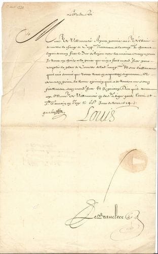 [Famille de Villemontée]. 11 L.S. ou P.S. par Louis XIII (secrétaire) ou Louis XIV (secrétaire), Saint-Germain-en-Laye, Paris, Chantilly, Toulouse, Arles, Toulon 1624-1660 ; la plupart contresignées par Le Beauclerc, Le Tellier, Bouthillier, Guénégaud, etc. ; 15 pages in-fol. ou obl. in-fol., sur papier ou vélin.
   Nomination de Charles de Villemontée à la place de cornette en la compagnie de chevaux-légers du duc d’Anjou (1624). Commission de capitaine et gouverneur de Méry-sur-Seine pour Charles de Villemontée (1625). Lettres de retenue de la charge de conseiller d’État pour François de Villemontée (1626, 1635, 1644). Commission d’intendant de la justice, police et finances en la généralité de Soissons, pour François de Villemontée (1645). Instructions à François de Villemontée relatives au paiement d’officiers, à la subsistance des troupes, à la séparation de compagnies de gendarmes du maréchal d’Estrée, et de feu son oncle le duc d’Orléans (1659-1660).
