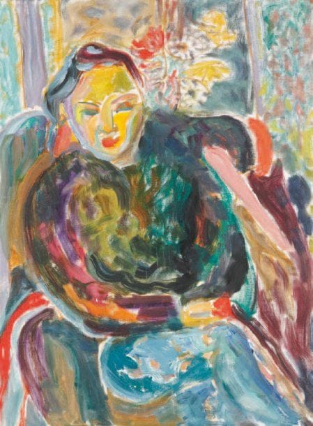 LUTKA PINK 1906 - 1998
Femme assise, 1992 Huile sur carton toilé. Signée du cachet et datée au dos. 61 x 45.5 cm